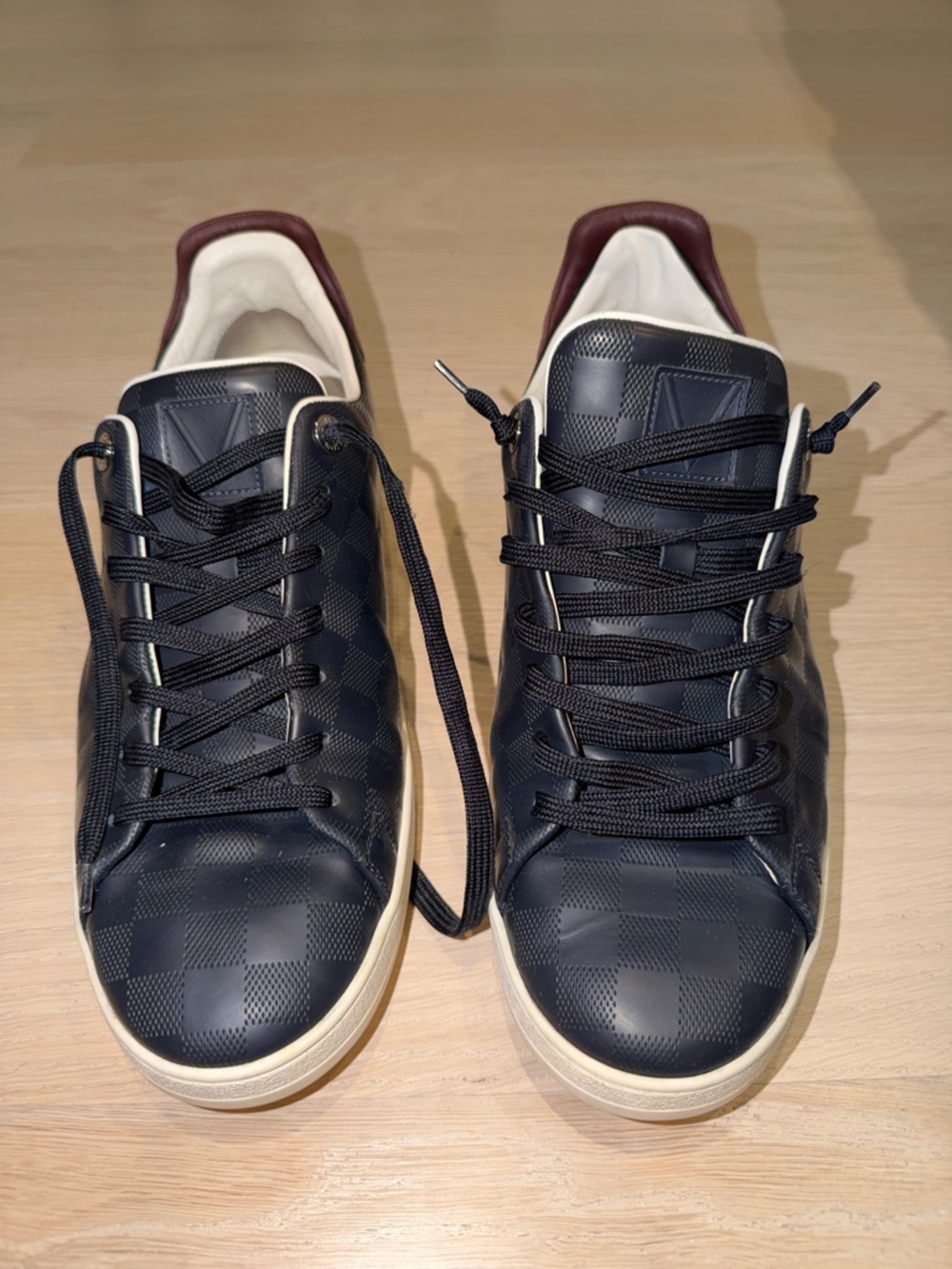 Louis Vuitton Navy Check Low-Top Sneakers with Burgundy Heel